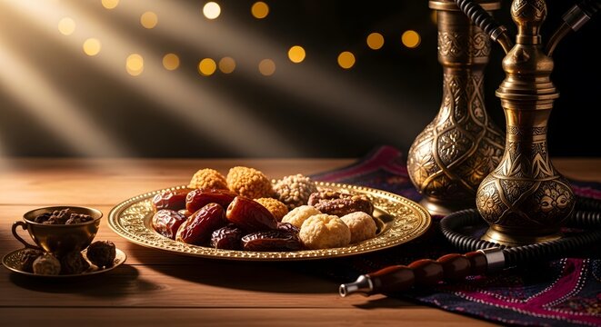 Traditional Ramadan food dates and nuts served on a decorative plate with golden lanterns and warm lighting