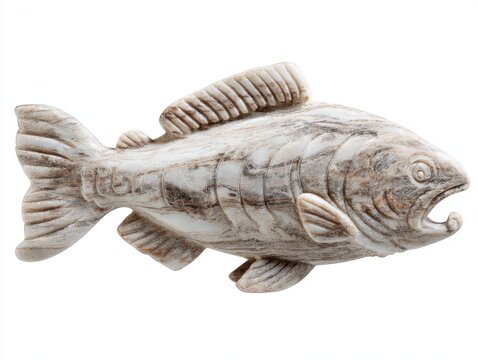 Carved Bone Fish Sculpture Isolated On White Background With Detailed Textural Markings And Antique Look