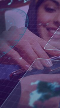 Animation of financial data processing over caucasian womenusing payment terminal