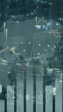 Animation of financial data processing over cityscape