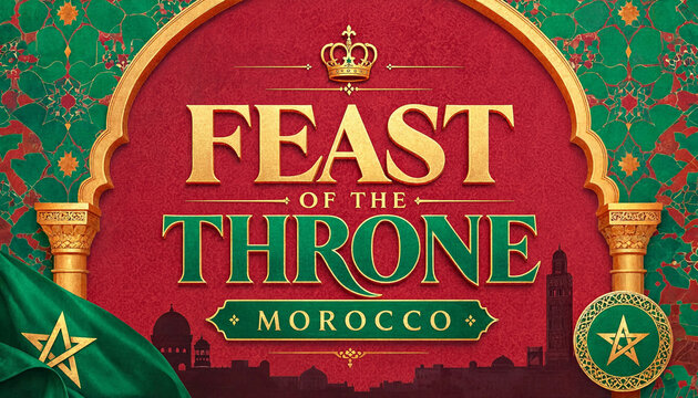 Feast of the throne morocco graphic banner featuring golden crown and traditional patterns celebration monarchy national moroccan tradition