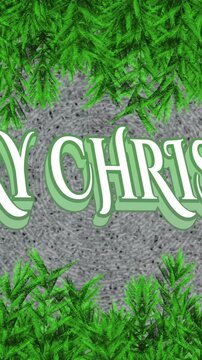 Animation of merry christmas text over christmas tree decorations background