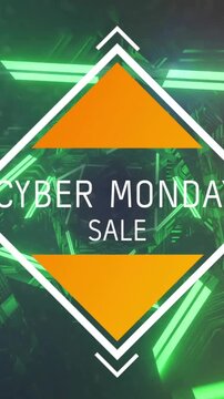 Animation of cyber monday sale text over neon pattern background
