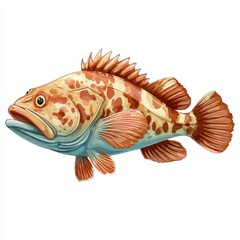 Fototapeta premium Detailed Brown Spotted Grouper Fish Illustration On A Clean White Background