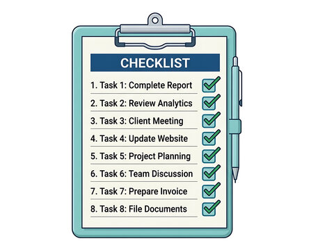 Checklist with completed tasks and tasks to do for business planning and project management on a clipboard with a pen