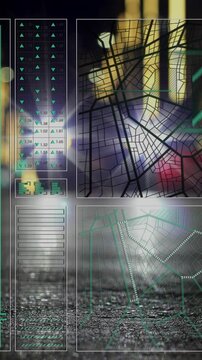 Animation of data processing and diagrams ove cityscape at night