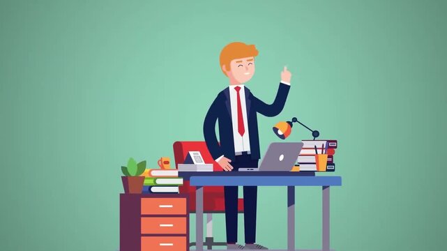 2D Animated Businessman Scratching Head Confused at Cluttered Desk with Books and Laptop Flat Vector Character Animation Footage