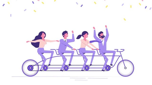 2D Animated Group of Happy Colleagues Riding Four Person Tandem Bicycle with Confetti Falling Flat Vector Character Animation Footage
