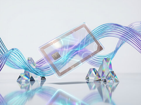 Futuristic translucent payment card with neon digital energy trails and crystal prisms on white background