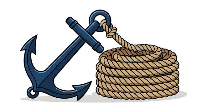 Classic Navy Blue Anchor Secured by Thick Natural Rope on a White Background Nautical Maritime Object