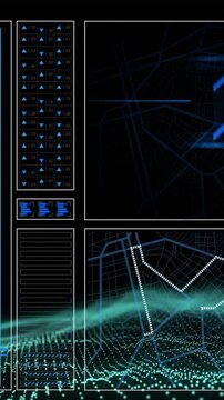 Animation of digital data processing over glowing spots on black background