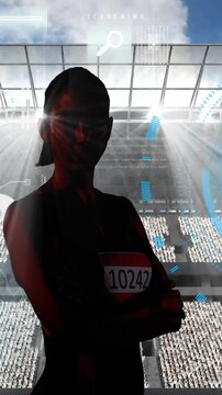 Animation of data processing and female athlete over sports stadium