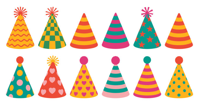 A collection of colorful party hats with various patterns including stripes polka dots stars and hearts for celebrations