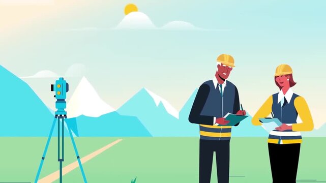 2D Animated Land Surveyors with Theodolite and Hardhats Measuring Field Mountain Landscape Flat Vector Character Animation Footage