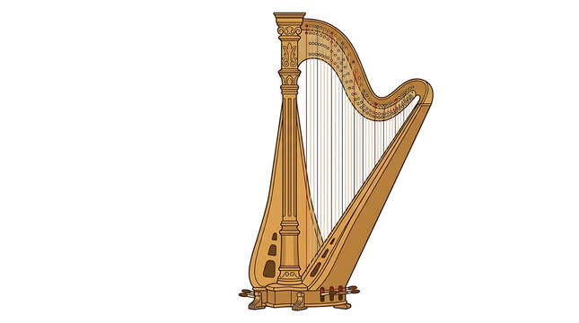 Classic Wooden Harp Musical Instrument with Intricate Carvings and Metal Tuning Pegs on a White Background
