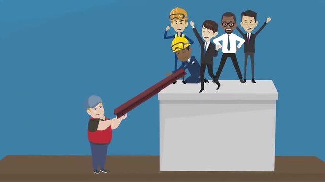 2D Animated Man Using Wooden Plank Lever to Lift Group of Businessmen Teamwork Concept Flat Vector Character Animation Footage