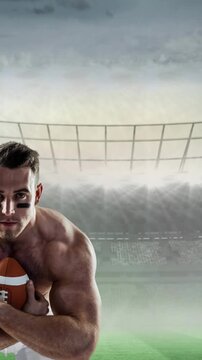 Animation of rugby player holding ball over sports stadium