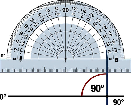 Close up of a protractor measuring a precise ninety degree angle on a flat surface with grid lines and measurements