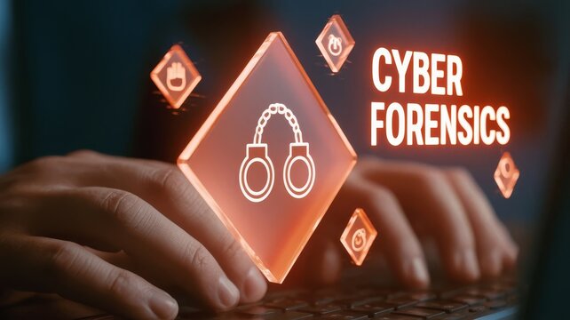 Professional concept of cyber forensics investigative technology using digital handcuffs symbol for network security crime analysis.