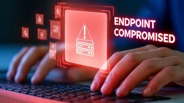 Endpoint compromised alert concept showing cyber security breach threat detection on computer keyboard screen display.