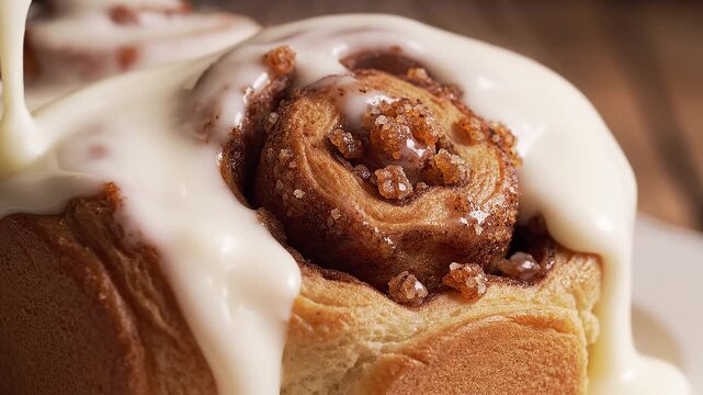 Warm cinnamon roll topped with dripping white icing and sweet brown sugar crumble.