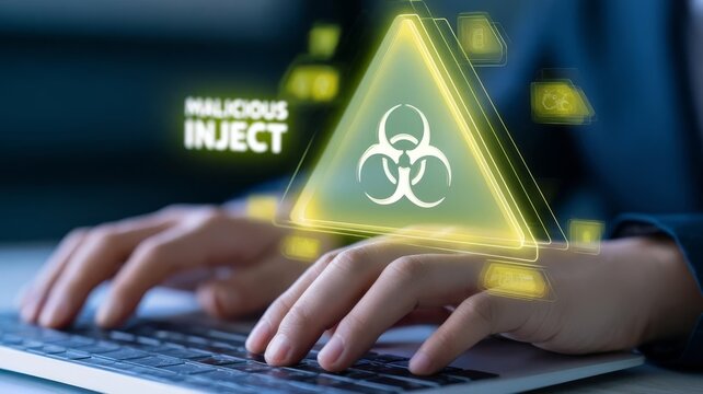 Cybersecurity expert detecting malicious code injection threat on computer network infrastructure security systems.
