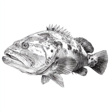 Detailed Ink Sketch Of A Large Grouper Fish Isolated On A Plain White Background