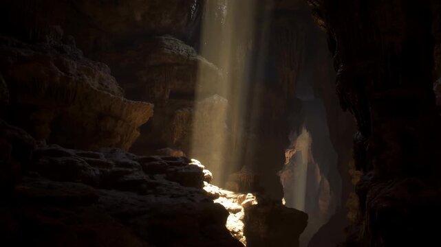 Warm sunlight shaft descending through cave ceiling opening, illuminating rocky ledges, textured cavern floor, drifting dust, and deep shadow inside moody underground chamber