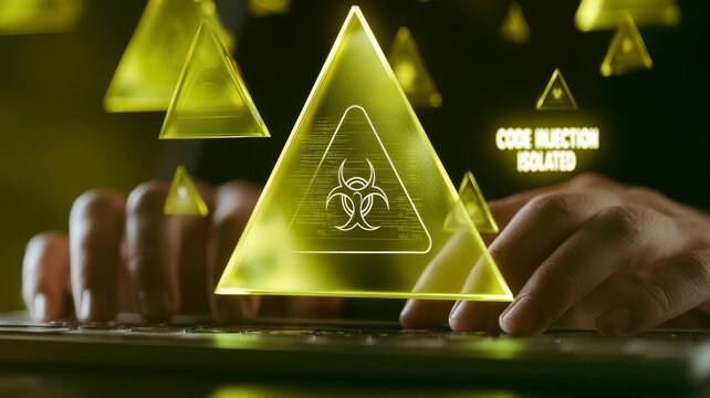 Cyber security concept representing code injection threat with digital biohazard symbols on laptop keyboard and human fingers.