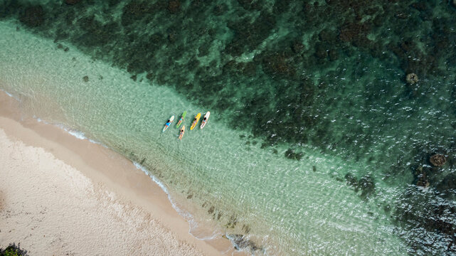 Friends relaxing on surfboards in crystal clear water