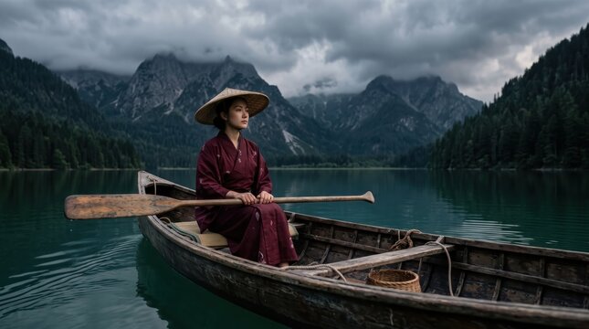 Woman in traditional clothing seated in wooden boat on mountain lake under heavy clouds, calm reflective pose suggesting solitude and cultural travel in alpine wilderness