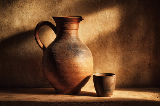 Clay jug filled with water on wooden table
