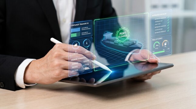 shipping logistics and port management concept showing businessman analyzing cargo tracking dashboard with automated checklist, vessel data, and fuel efficiency metrics on tablet


