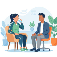 Fototapeta premium Diverse people in a modern office, one drinking water during a meeting or consultation