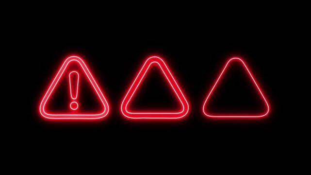 Warning triangle neon icon set motion video, red exclamation caution signs for hazard alert, safety notice, risk prevention, emergency symbol. Warning and alert icon collection. on transparent.