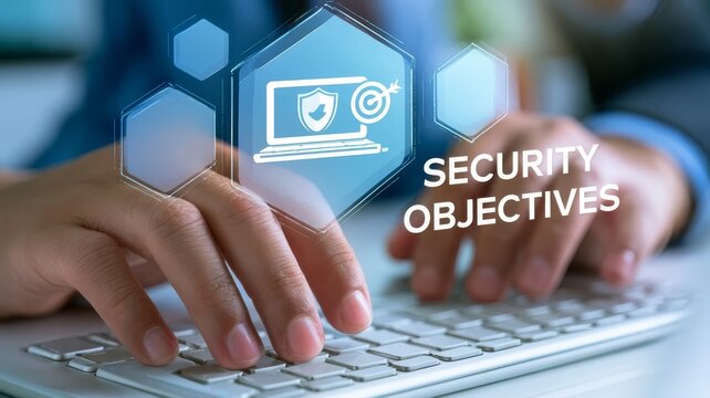 Professional businessman typing on keyboard defining strategic cybersecurity objectives for data protection and digital infrastructure security management.