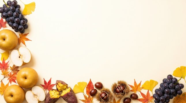 秋の実りと果実、紅葉が彩る秋の味覚フレームイラスト素材