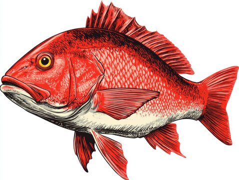 Detailed Vintage Illustration Of A Red Snapper Fish Isolated On A Plain White Background