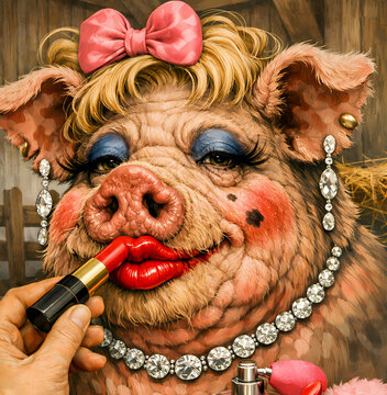 Putting lipstick on a pig illustration, meaning = making cosmetic changes to something bad, ugly, or fundamentally flawed in an attempt to make it look attractive