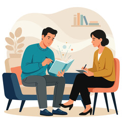 Obraz premium Psychologist session: Man reading book with therapist taking notes, mental health, therapy, learning, growth