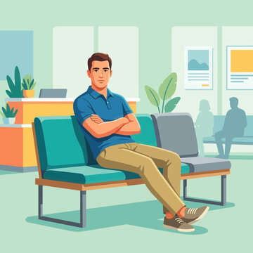 Man Sitting in Waiting Room with Arms Crossed, Modern Flat Illustration Style