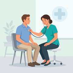 Obraz premium Doctor Examining Patient with Stethoscope in Modern Clinic, Vector Flat Illustration