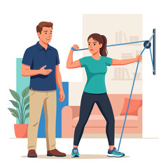 Fototapeta premium Personal Trainer Guiding Woman Performing Resistance Band Exercise at Home