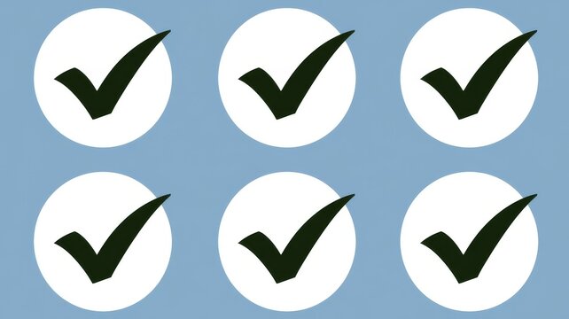 Set of six green checkmarks inside white circles on blue background design concept for verification and task completion graphics.