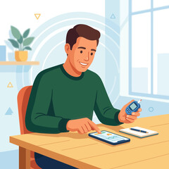 Fototapeta premium Man checking blood sugar levels with a glucose meter and smartphone app at a desk, simple flat vector illustration.