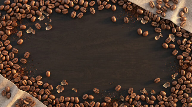 Roasted coffee beans scattered at the top and bottom of a dark wood table.