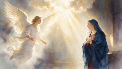 Obraz premium Angel Gabriel appearing to woman Mary. Biblical scene of the Annunciation. Divine light shining from heaven on holy person. Religious art for Christian faith and Christmas holiday.