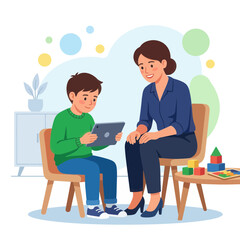 Fototapeta premium Therapist and Child Interacting with Tablet, Learning, Play Therapy, Educational Technology