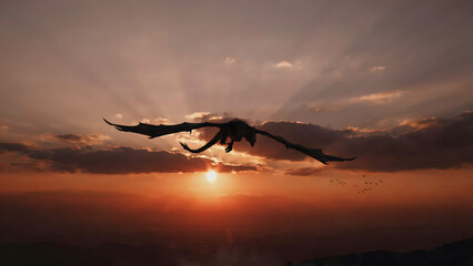 Naklejka premium Silhouette of a large dragon flying across a dramatic sunset sky with golden light rays piercing through clouds over a distant mountain range