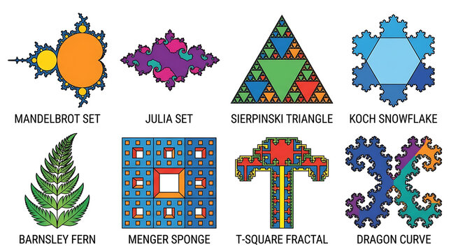 Collection of Eight Different Fractal Patterns Including Mandelbrot Set Sierpinski Triangle Koch Snowflake and Julia Set